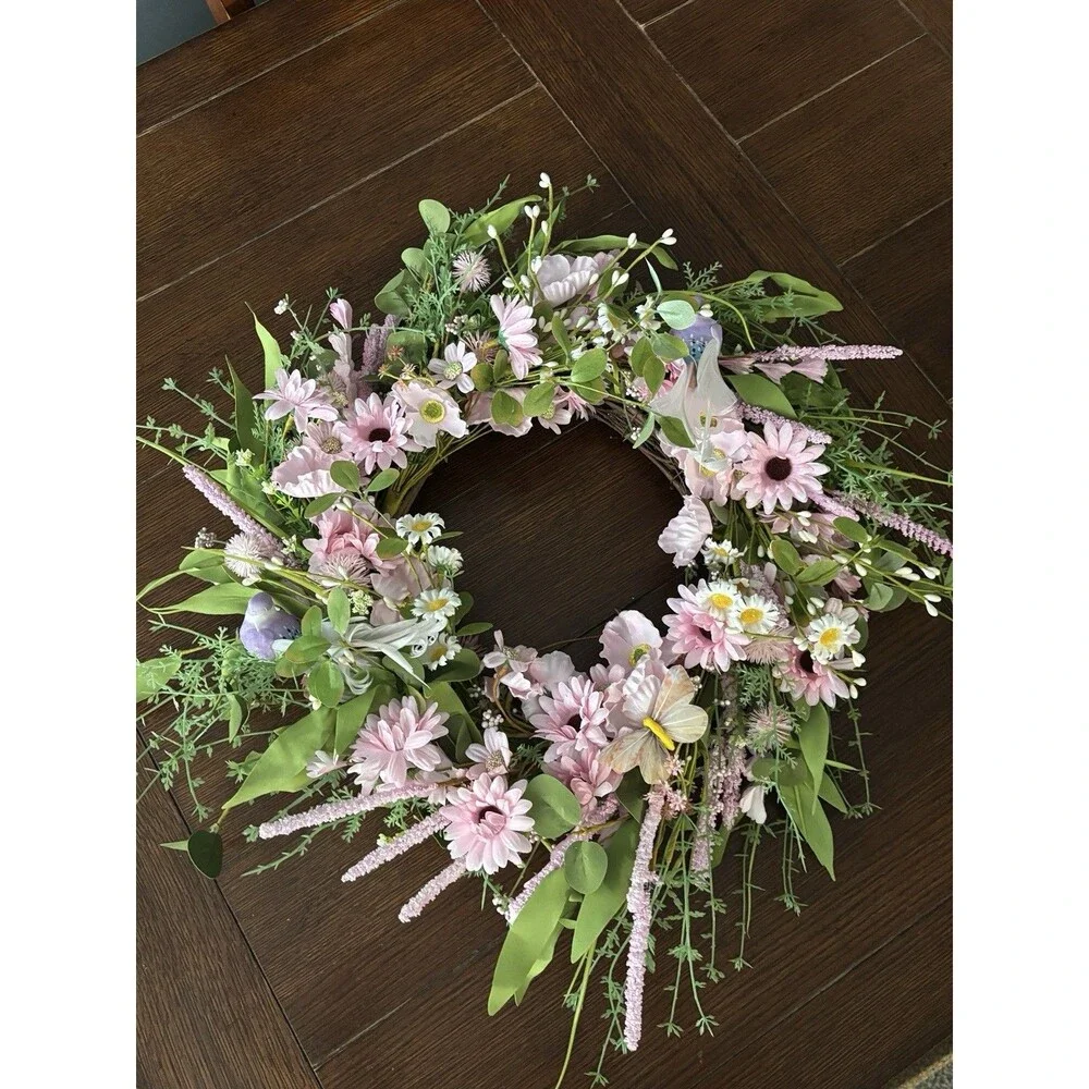 Pink Daisy Spring Summer Farmhouse 12 Inch Wreath Birds Butterflies Chic Easter